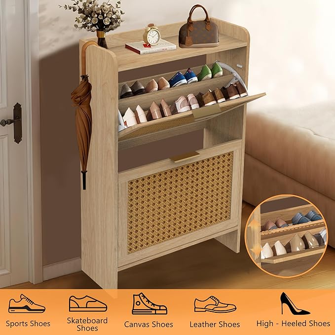 Hidden Shoe Storage Cabinets with 2 Flip Drawers and Wood Legs, Freestanding Narrow Shoe Organizer Rack for Entryway, Natural-NeatNest