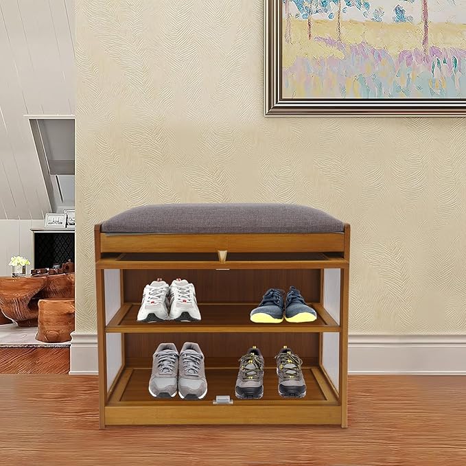 Eapmic Shoe Storage Bench, Entryway Shoe Rack Bench with Padded Seat Cushion, 2-Tier Shoe Cabinet, Bamboo Shoe Organizer for Hallway Bedroom Living Room Front Door (Brown, 19.69 * 12.6 * 17.32in)