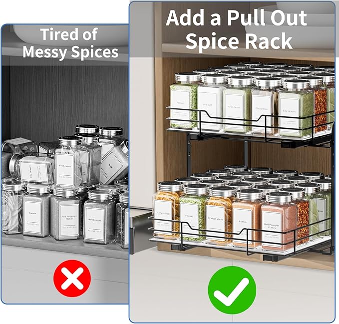 2-Tier Spice Rack Organizer, Pull Out Spice Rack for Cabinet, Height Adjustable Heavy Duty Metal Basket for Inside Cabinet & Pantry (11.5''Wx10.5''Dx9.5''H)-NeatNest