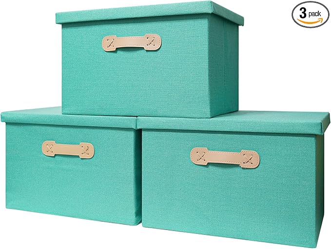 Enzk&Unity Decorative Storage Bins with Lids, Fabric Linen Foldable Storage Box with Handle Home Organizer for Shelf, Closet, Bedroom, Living Room, Office, 3 Packs, Teal-NeatNest