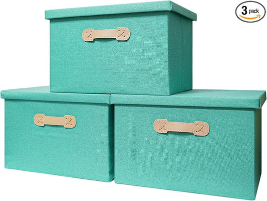Enzk&Unity Decorative Storage Bins with Lids, Fabric Linen Foldable Storage Box with Handle Home Organizer for Shelf, Closet, Bedroom, Living Room, Office, 3 Packs, Teal-NeatNest