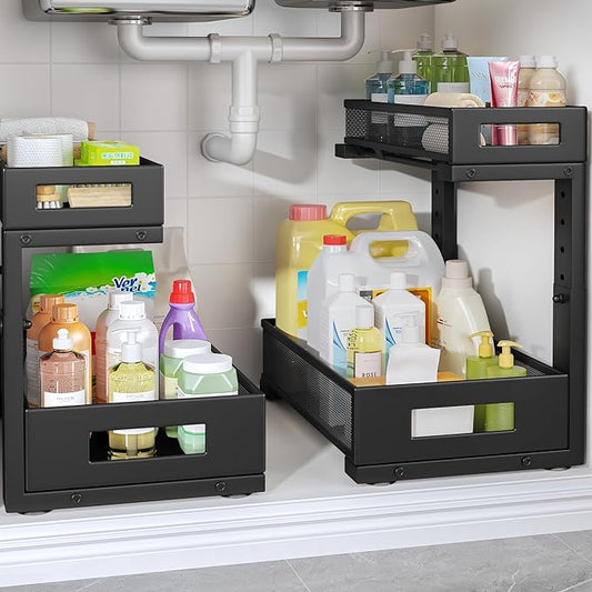 2-Pack Under Sink Storage Organizer, Large 2-Tier Elegant Mesh Pull Out Shelf for Kitchen and Bathroom Cabinet Organization, L-Shaped and Adjustable Height Design,Patent Pending-Black-NeatNest