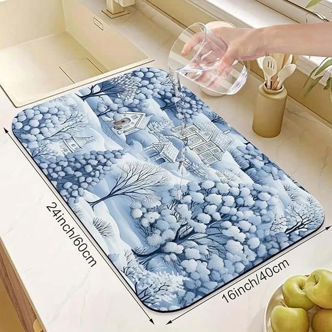 Hello Winter Dish Drying Mats Super Absorbent Dish Drainer Rack Pad Non-Slip Drying Mat for Kitchen Counter, 24"x16"