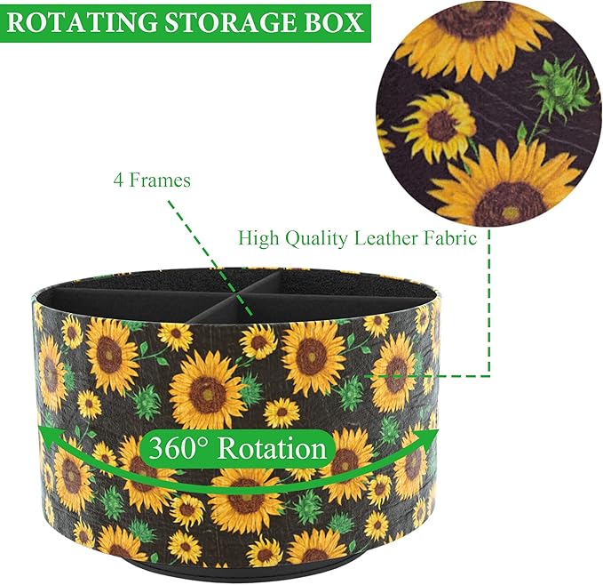 Hennaja Round Leather Art Supply Organizer,Remote Control Holder,360 Degree Rotating,Multi-Functional Pencil Holder,4 Compartments Desktop Stationary Organizer(1-Sunflower)-NeatNest