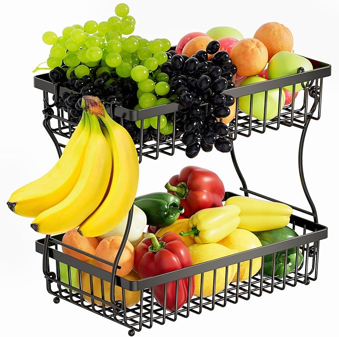 Fruit Basket,2-Tier Fruit Bowl with Banana Hanger,Kitchen Storage Countertop Rack,Fruit Metal Bowls Perfect for Holding Fruit,Vegetables,Snacks(Black)
