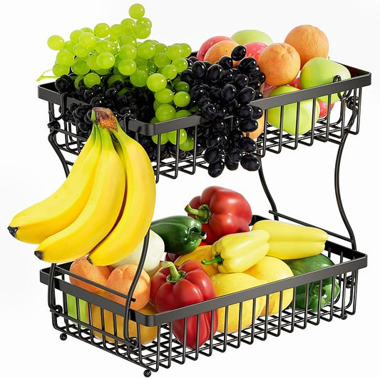 Fruit Basket,2-Tier Fruit Bowl with Banana Hanger,Kitchen Storage Countertop Rack,Fruit Metal Bowls Perfect for Holding Fruit,Vegetables,Snacks(Black)