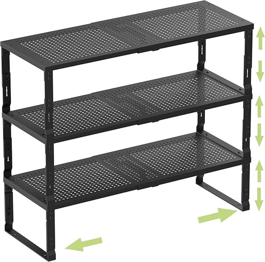 Heavy-Duty Adjustable Metal Shelf Organizer - Expandable & Stackable Pantry Storage Rack for Kitchen, Bathroom, RV, Cabinets(3 Packs/Black, Medium)-NeatNest