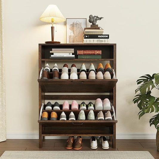 Shoe Storage Cabinet with 2 Flip Drawers, Wooden Shoe Rack with Metal Handle, Freestanding Hidden Shoe Storage Organizer with Open Shelf, Narrow Shoe Rack for Entryway, Hallway (Brown)
