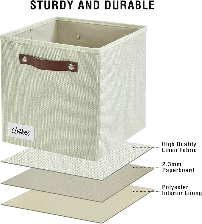 Collapsible Fabric Storage Cube Bins with 2 Reinforced PU Handles, Foldable Storage Organizer Baskets for Closet, Shelves, Living Room | 11"x11"x11", 4 Pack, Sage Green-NeatNest