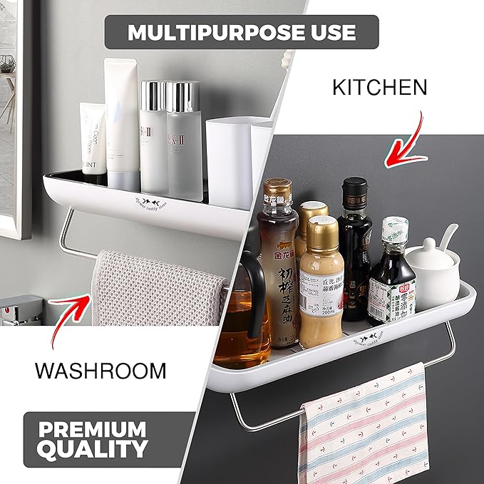 Shower Caddy - Wall Mounted - with Towel Bar - Extra Strong Self Adhesive - No Drilling - Easy Drainage - Stylish and Space Saving - Rustproof (White/Gray)