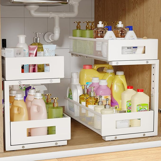 2-Pack Under Sink Organizers And Storage,Large Capacity 2-Tier Pull-Out Cabinet Organizer With Upgraded Tube Rails,Adjustable Height Sliding Drawers,Sturdy Mesh Shelves For Kitchen&Bathroom-White-NeatNest