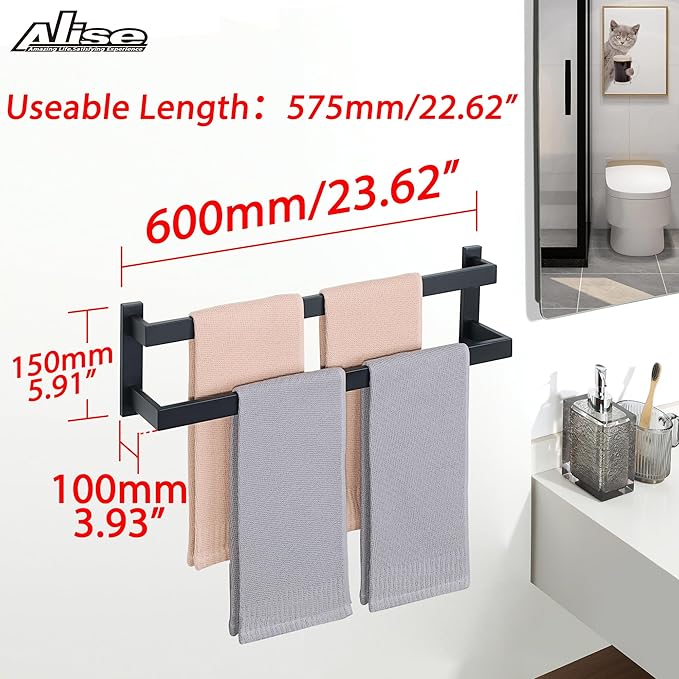 Alise Double Bath Towel Bars Towel Racks for Bathroom Lavatory Wall Mount,Towel Hanger SUS304 Stainless Steel Towel Holder Towel Rail 23.2 Inch,Matte Black,GOY002-B