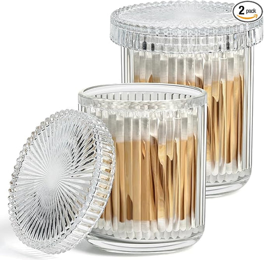 2 Pack Qtip Holders for Bathroom, Clear Glass Apothecary Jars with Lids,Vintage Bathroom Canisters for Cotton Balls,Swabs,Floss Picks,Hair Ties,Vanity Organizer and Storage Decor-NeatNest