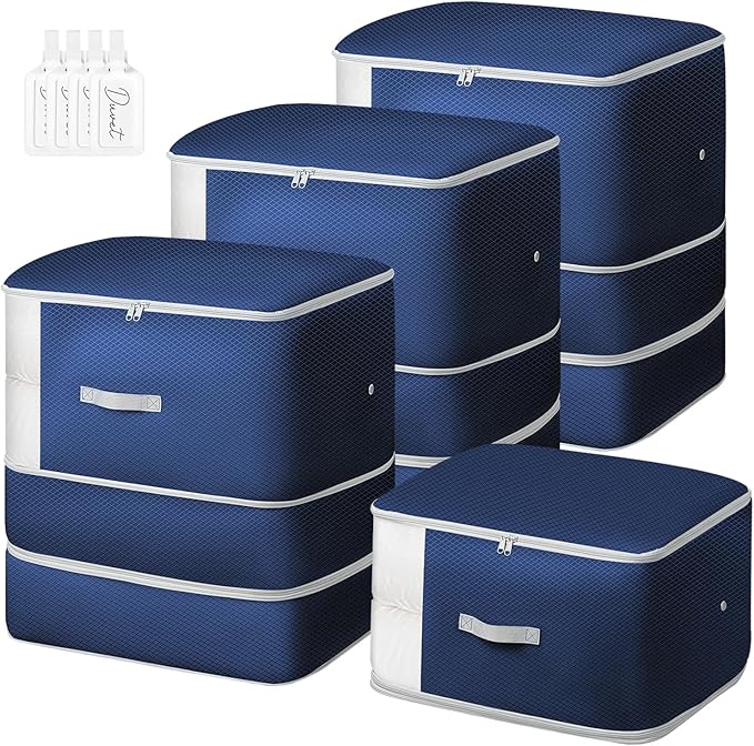 Comforter Storage Bag - 130L Blanket Storage Bags 3-Layer Ultra Space Saving Self Compression Organizer, Washable Compression Bags for Storage Comforter Blanket, 4-Pack, Navy Blue-NeatNest