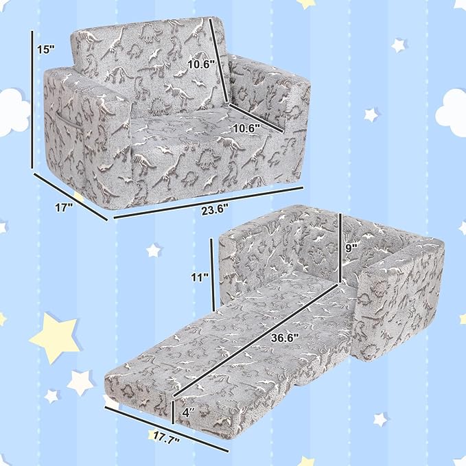 ALIMORDEN 2-in-1 Flip Out Cuddly Sherpa Toddler Couch, Convertible Sofa to Lounger, Glow in The Dark,Dinosaurs-NeatNest
