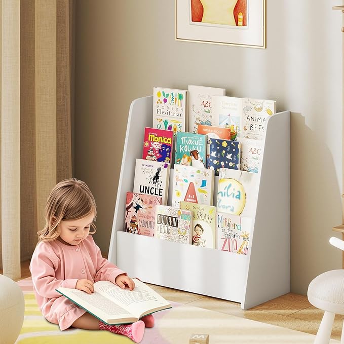 GLACER 4-Tier Kids Bookshelf, Wood Toddler Bookcase with Deep Magazine Display Shelf & Back Storage Space, Children Storage Organizer for Nursery, Playroom, Kids Bedroom, Classroom (White)