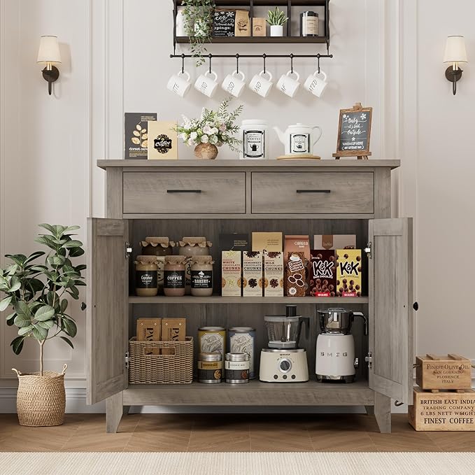 HORSTORS Kitchen Storage Cabinet, Modern Farmhouse Buffet Cabinet with Storage, Coffee Bar with 2 Drawers and 2 Doors, Floor Sideboard Buffet for Living Room, Dining Room, Bathroom, Grey
