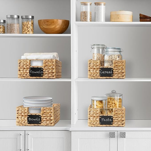 Casafield Set of 4 Water Hyacinth Pantry Baskets, 10" x 13" x 5", with Chalkboard Labels and Chalk Marker - Natural, Woven Storage Bin Organizers for Kitchen Shelves-NeatNest