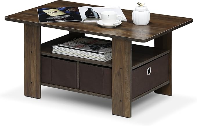 Furinno Andrey Coffee Table with Bin Drawer, Columbia Walnut/Dark Brown-NeatNest