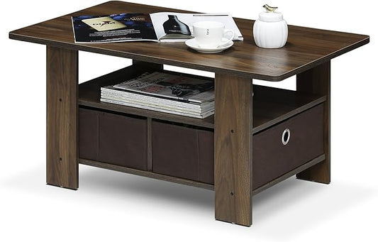 Furinno Andrey Coffee Table with Bin Drawer, Columbia Walnut/Dark Brown-NeatNest
