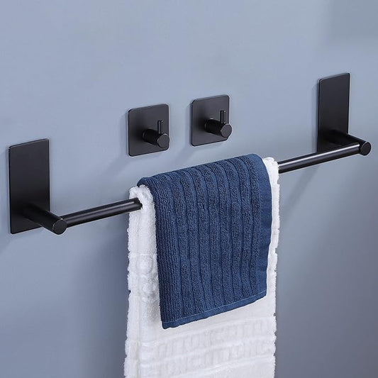 Taozun Towel Bar - Towel Holder with 2 Packs Adhesive Hooks Black 16-Inch Hand Towel Rack Stick on Wall, Stainless Steel Bathroom Hardware Accessory Kit