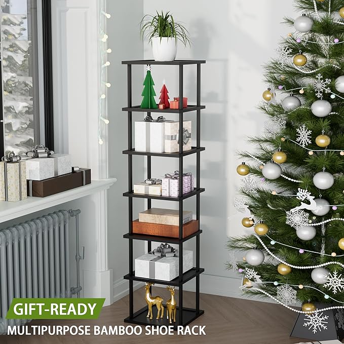 Vertical Tall Shoe Rack Organizer for Entryway -7 Tier Free Standing Slim Narrow Bamboo Wood Corner Stackable Shoe Boots Storage Stand Small Spaces for Closet Garage Cloakroom Living Room (Black)-NeatNest