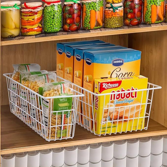 15.2" Metal Wire Baskets for Organizing 6 Pack, Household Pantry Storage Freezer Organizer Bins with Handles, Freezer Baskets for Upright Freezer, Refrigerators, Kitchen Cabinets, White