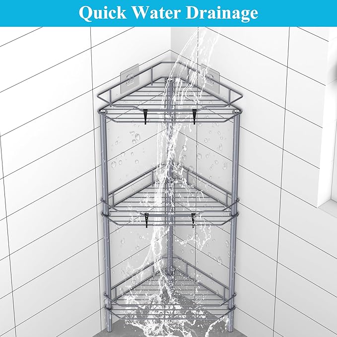 3 Tier Floor Standing Corner Shower Caddy Organizer Shelf with Hooks, Bathroom Shelves Stand Rack, Dark Gray