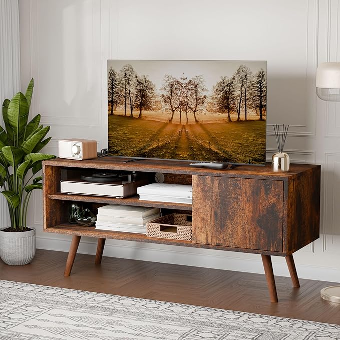 Cozy Castle TV Stand for 48 Inch TV, Mid Century Modern Entertainment Center with Storage Cabinet, TV Media Console for Living Room, Bedroom, Rustic Brown-NeatNest
