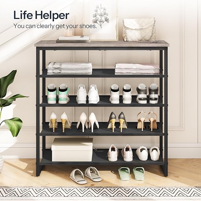 HOOBRO Shoe Rack, 5 Tier Shoe Storage Organizer with 4 Oxford Fabric Shelves and Top Panel, Holds 16-20 Pairs of Shoes, for Entryway and Closet, Industrial, Greige and Black BG50XJ01-NeatNest