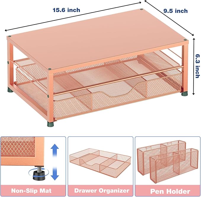 Desk Organizers and Accessories, 2-Tier Computer Monitor Stand Riser with Drawer and 2 Pen Holders, Laptop Stand, Office Desk Accessories for Office Supplies, Rose Gold