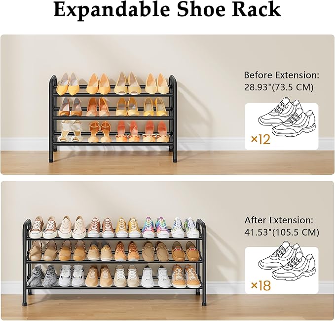 3 Tier Shoe Organizer, Shoe Rack for Closet, 28“ Metal Shelf Can Expandable to 42“, for Bedroom, Entryway, Closet, Garage, Adjustable to 18 Pairs Shoes, Black-NeatNest