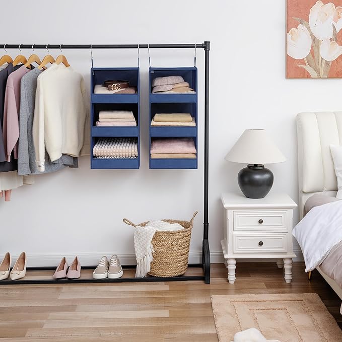 GRANNY SAYS 3-Shelf Closet Organizers and Storage, Foldable Hanging Closet Organizer, Closet Hanging Shelves with 2 Metal Hooks, Leak-Proof Hanging Organizer for Closet, Navy, 2-Pack-NeatNest