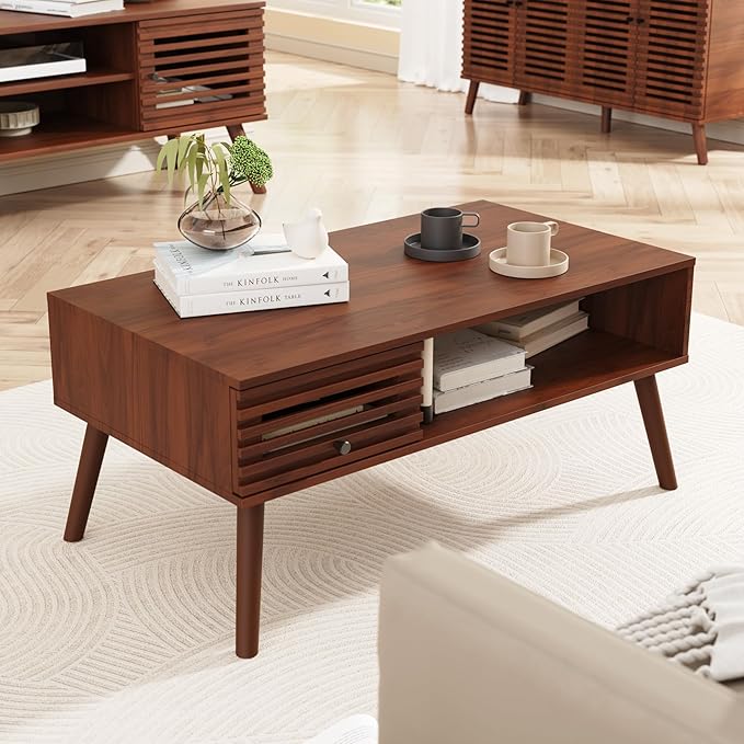 Coffee Table, Mid Century Modern Table with Storage, Living Room Center Table with Slatted Panel Drawer, Fluted Wood Coffee Table with Open Shelf for Living Room, Walnut-NeatNest