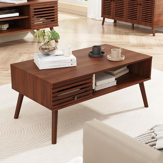 Coffee Table, Mid Century Modern Table with Storage, Living Room Center Table with Slatted Panel Drawer, Fluted Wood Coffee Table with Open Shelf for Living Room, Walnut-NeatNest