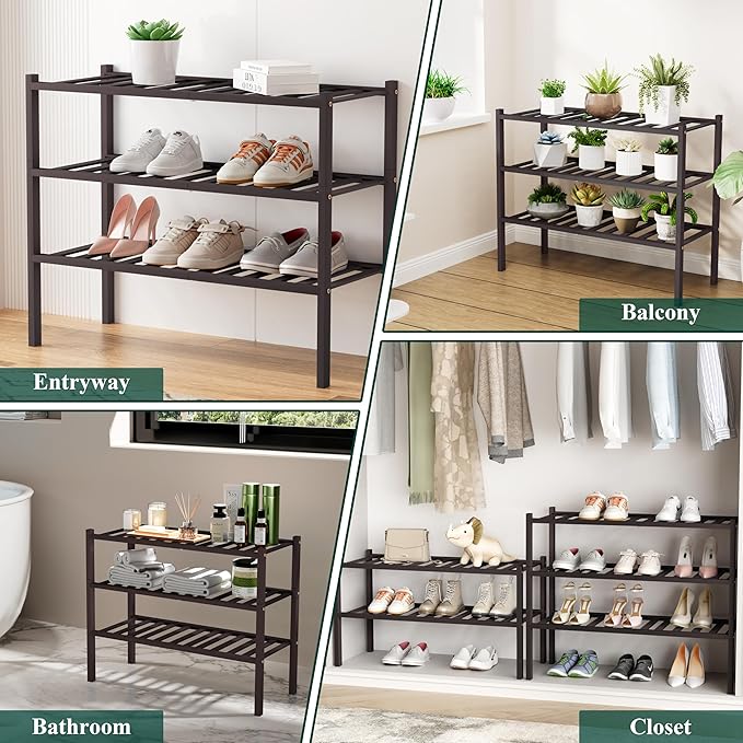 Smiry Shoe Rack, 3 Tier Bamboo Shoe Organizer, Stackable Free Standing Wooden Shoe Storage Shelf for Closet, Entryway, Front Door Entrance, Brown-NeatNest