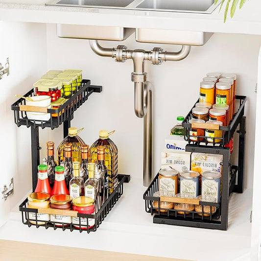 Under Sink Organizers, 2 Tier Pull Out Under Cabinet Organizer，Height Adjustable Pull Out Cabinet Drawers, Metal Sliding Drawer for Kitchen Bathroom Pantry Cabinet Closet Organization Rack，2 Packs-NeatNest