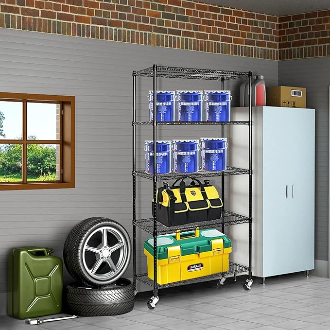 5 Tier Adjustable Storage Shelf Metal Storage Rack Wire Shelving Unit Storage Shelves with Wheels for Pantry Closet Kitchen Laundry Bathroom (Black-5-Tier)