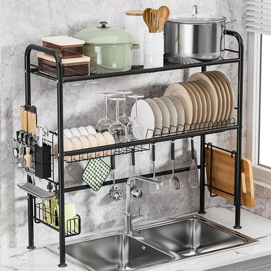 Large Over The Sink Dish Drying Rack, 2 Tier Over Sink Dish Rack with Utensil Holder, Dishes Drainer for Kitchen Counter Kitchen Organizer Metal (Fit≤32" Sink)