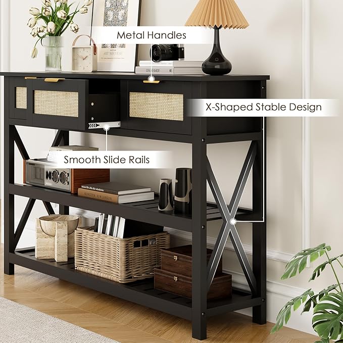 Console Table with 3 Rattan Drawers, Wooden Entryway Table with 3-Tier Storage Shelves, Display Shelf for Entryway, Hallway, Foyer and Living Room, Black-NeatNest