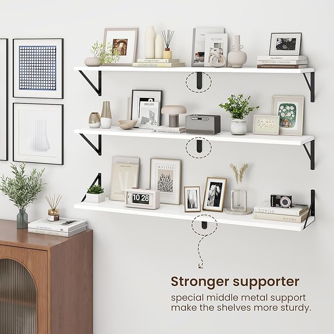 Fun Memories Deep Floating Shelves for Wall, 48W x 8D Wall Mounted Shelves Set of 2, Wide Display Ledge Shelf with Sturdy Metal Brackets for Living Room, Bathroom, Bedroom and Kitchen, White-NeatNest