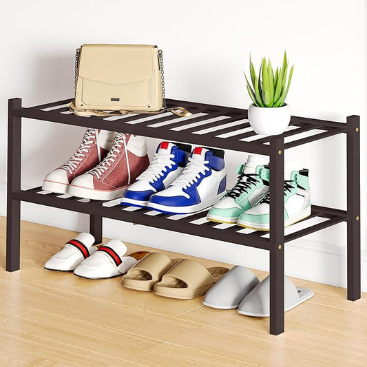 Smiry Shoe Rack, 2 Tier Bamboo Shoe Organizer, Stackable Free Standing Wooden Shoe Storage Shelf for Closet, Entryway, Front Door Entrance, Brown-NeatNest