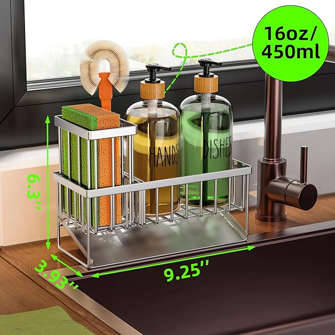 Cisily Kitchen Soap Dispenser Set with Pump, 16OZ Glass Bottle and Rustproof 304 Stainless Steel Sponge Holder, Hand and Dish Soap Dispenser Set for Kitchen Sink Organizer Decor-NeatNest