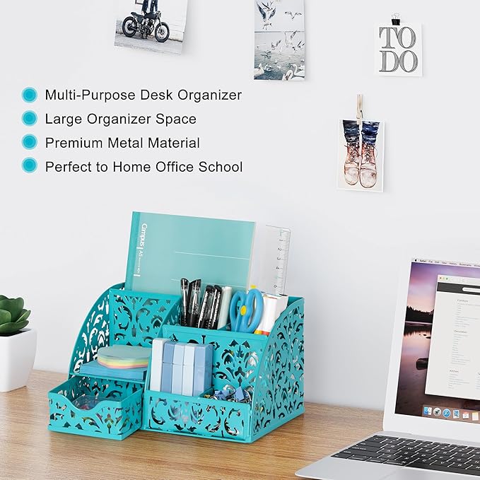 EasyPAG Desk Organizer with Sliding Drawer - 6 Compartments Metal Desktop Caddy, Decorative Elegant Hollow Flower Design, Anti-Scratch Pads for Home, Office, School, Dark Teal-NeatNest