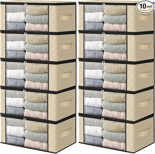HomeHacks Storage 10-Pack Clothes Organizer Storage Bags Foldable Storage Box with Large Clear Window Sturdy Handles for Closet, Dorm, Pillows, Bedding, Clothes, Blankets, 35L, Beige-NeatNest