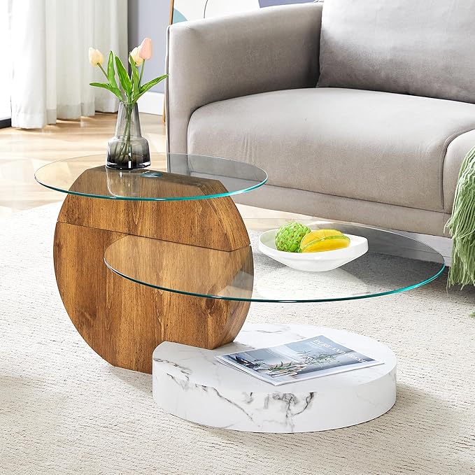 Glass Coffee Tables Round Coffee Tables for Living Room Modern 3 Tier Round Table Circle Coffee Table for Small Space Home Office (35.4 Inch White + Wood)