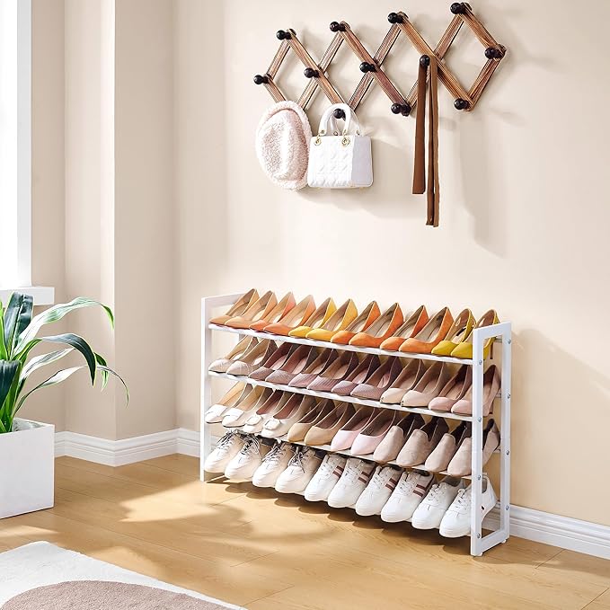 FAVOOSTY 4-Tier Expandable Shoe Rack, Adjustable Shoe Shelf Storage Organizer Space Saving Metal Free Standing Shoe Rack for Entryway Closet Doorway, White-NeatNest