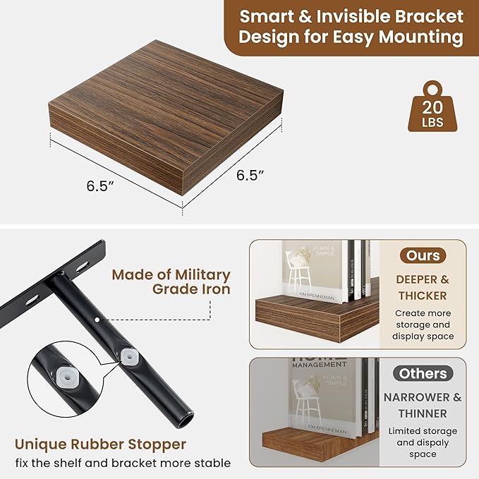 fuqing Floating Shelves for Wall, Bathroom Shelf Wall Mounted for Storage, Shelves with Invisible Bracket for Bedroom, Kitchen, Living Room, Farmhouse Small Book Shelf, 6.5 Inch Set of 3, Walnut-NeatNest