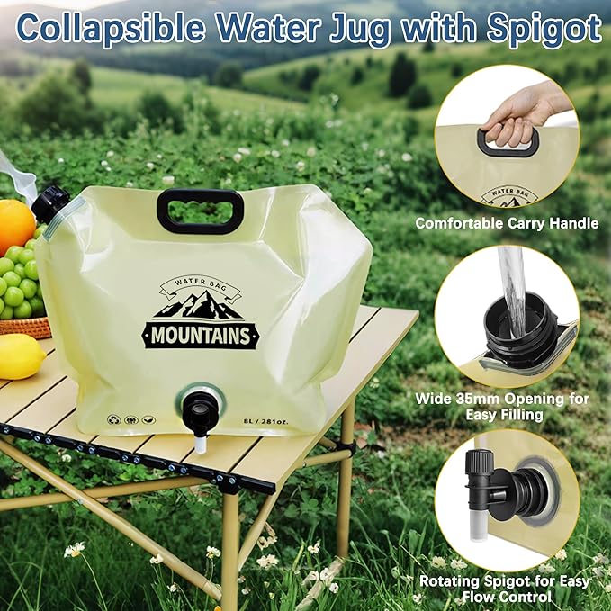 Camping Water Jug 2.1 Gallon Collapsible Water Container Portable Water Bag for Travel Outdoor Hiking BPA Free Lightweight (Beige (2.1Gal), 2)-NeatNest