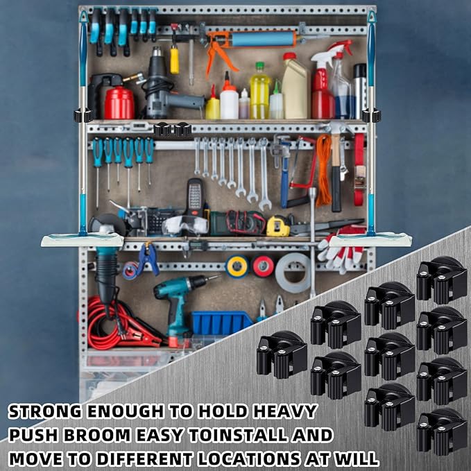 10 Pcs Magnetic Mop Broom Holder Movable Magnetic Broom Holder Rack, Anti Slip Wall Mounted Utility for Cleaning Tools, Garage, Kitchen, Laundry, Garden (Black)